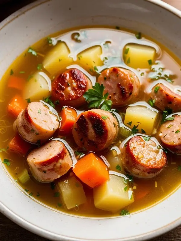 a bowl of hearty soup features slices of browned kielbasa sausage, chunks of tender potatoes and carrots, and chopped celery, all simmering in a clear broth. fresh parsley leaves are scattered throughout, adding a touch of green to this comforting and flavorful dish