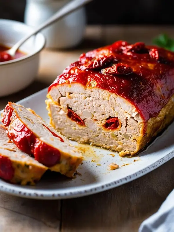 a sliced turkey meatloaf, topped with a vibrant red tomato glaze and visible sun-dried tomatoes within, rests on a white rectangular plate. a small white bowl containing more glaze and a spoon are visible in the blurred background, suggesting a moist and flavorful dish
