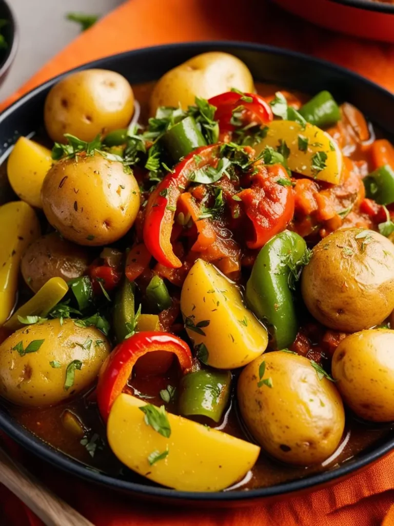 a close-up shot of a colorful potato and vegetable stew in a black bowl. small yellow potatoes are mixed with vibrant red and green bell peppers, onions, and herbs in a rich, flavorful broth. the hearty vegetarian dish sits on an orange surface, suggesting a warm and comforting meal