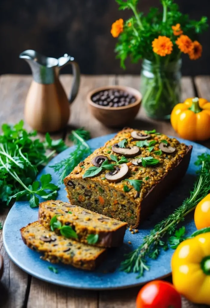 a sliced savory lentil loaf, topped with sautéed mushrooms and fresh herbs, sits on a blue plate surrounded by vegetables and herbs. the loaf has a slightly rustic texture with visible lentils and carrots. the scene is warmly lit on a wooden table