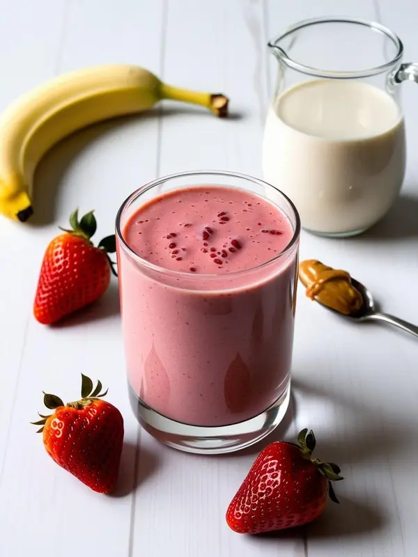 a glass of pink strawberry banana smoothie sits on a white wooden surface, surrounded by three fresh strawberries, a whole banana, a small pitcher of milk, and a spoonful of peanut butter. the ingredients suggest a healthy and delicious drink