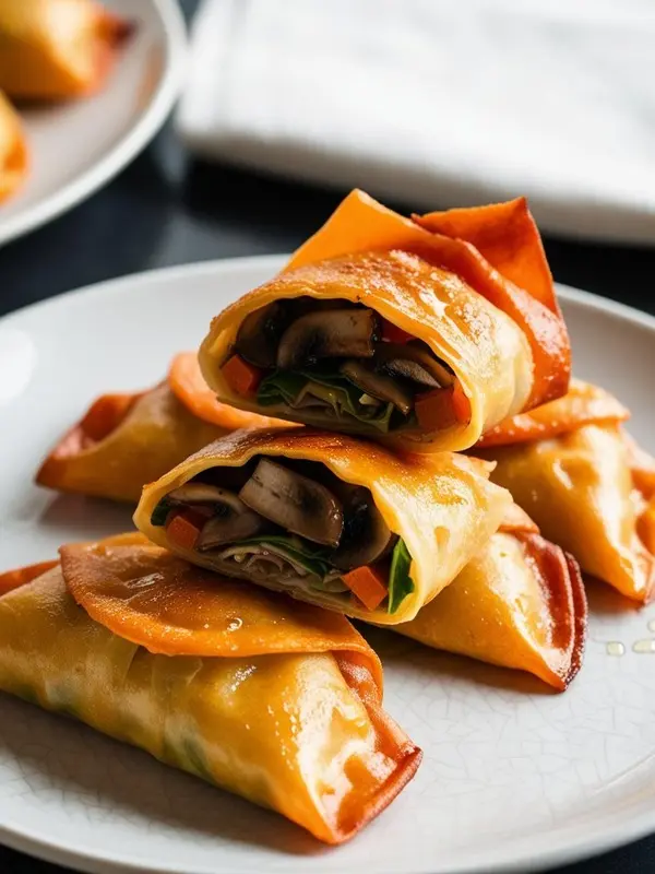 a close-up shows several golden-brown spring rolls, some cut open to reveal a savory filling. a small bowl of dark sauce is included, suggesting a dipping accompaniment. the crispy texture and the filling are the main focus of the image