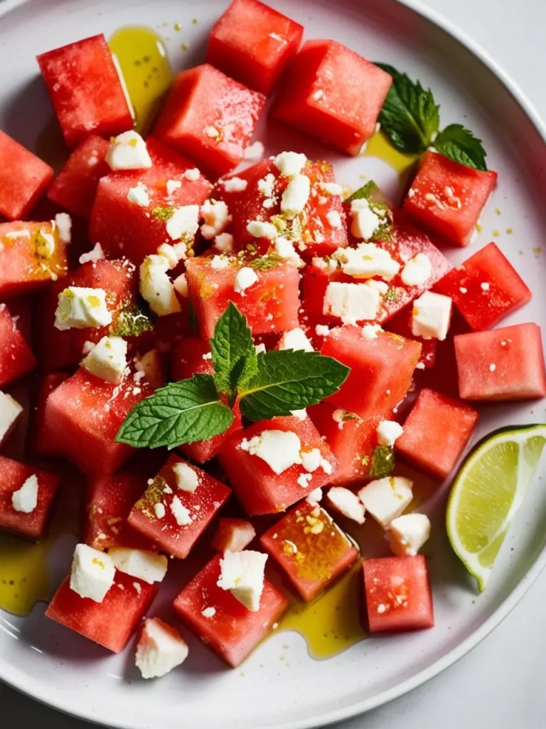 a close-up overhead shot of a watermelon feta salad on a white plate. cubes of bright pink watermelon are mixed with crumbled white feta cheese and fresh green mint leaves, drizzled with olive oil and a squeeze of lime. the refreshing and colorful salad sits on a light gray surface