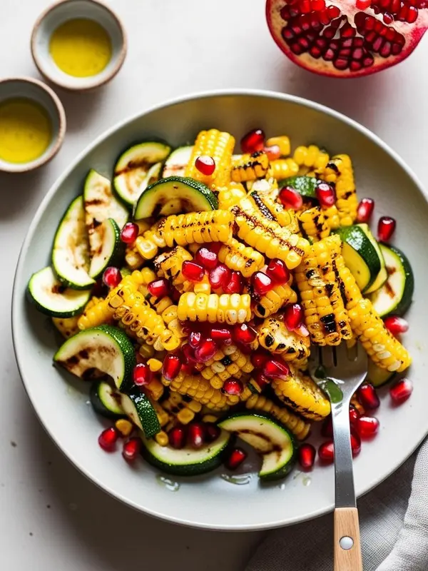 a close-up shot of grilled corn and zucchini salad with pomegranate seeds. the charred corn cobs and sliced zucchini are arranged in a bowl, sprinkled with vibrant red pomegranate seeds. the colorful and fresh salad is ready to be enjoyed