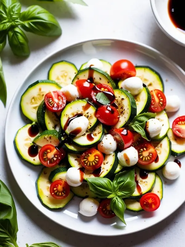 a close-up overhead shot of a caprese zucchini salad on a white plate. slices of green zucchini are arranged with cherry tomatoes, mozzarella balls, and fresh basil leaves, drizzled with balsamic glaze. the colorful and fresh salad is ready to be enjoyed