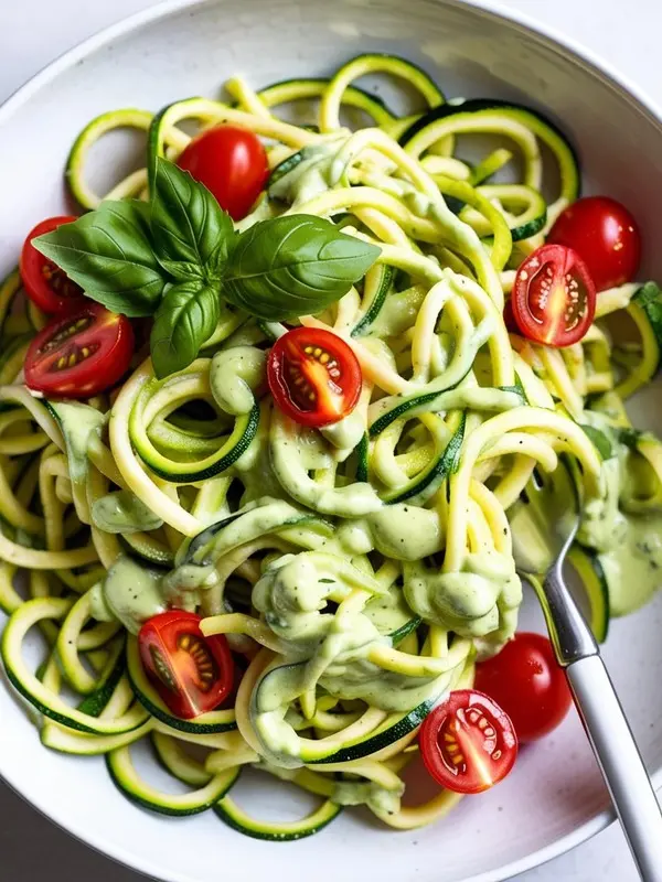 a close-up overhead shot of zucchini noodles with creamy avocado pesto, garnished with halved red cherry tomatoes and a fresh basil leaf. the vibrant green pesto coats the spiralized zucchini, creating a visually appealing and healthy dish in a white bowl. a fork rests on the side