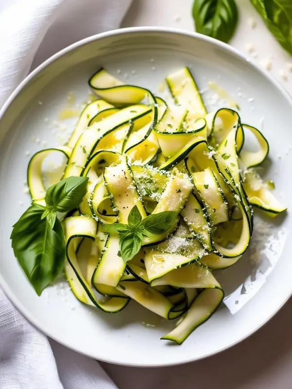 a close-up shot of zucchini ribbons on a white plate, garnished with fresh green basil leaves and grated parmesan cheese. the thin, pale green zucchini strands are artfully arranged, creating a light and refreshing dish. a white cloth napkin is visible beneath the plate