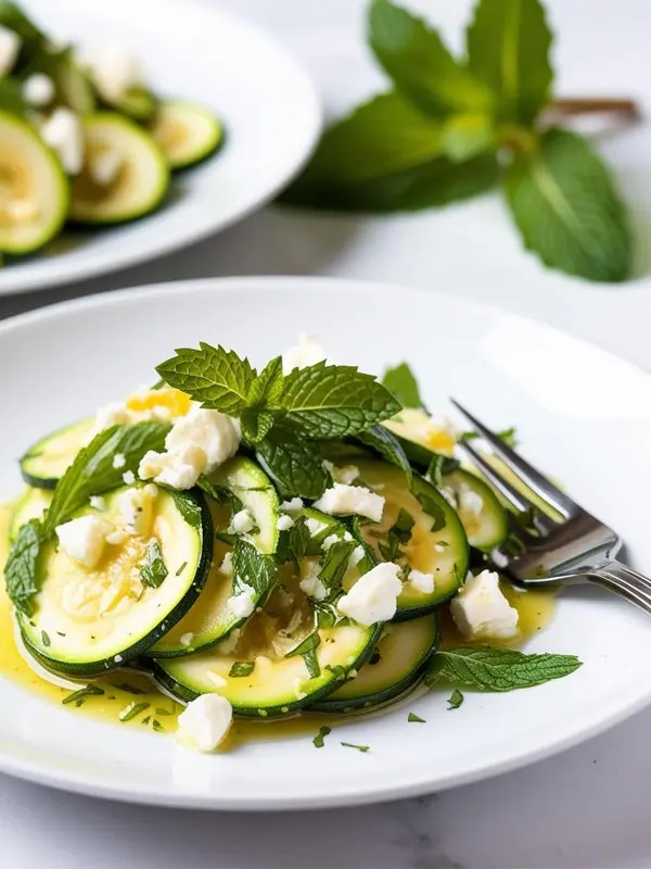 a close-up shot of a white plate with a zucchini salad. thin slices of green zucchini are topped with crumbled white feta cheese and fresh green mint leaves, drizzled with a light dressing. a fork rests on the plate, and another plate with the same salad is partially visible in the background