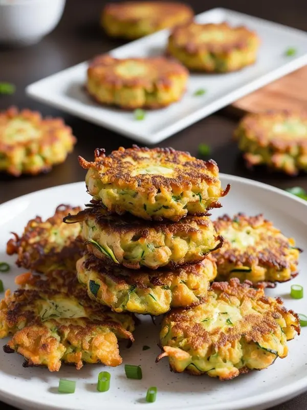 a close-up shot of a stack of golden-brown zucchini fritters on a white plate, garnished with fresh green onions. other fritters are scattered around the plate, suggesting a crispy and flavorful dish