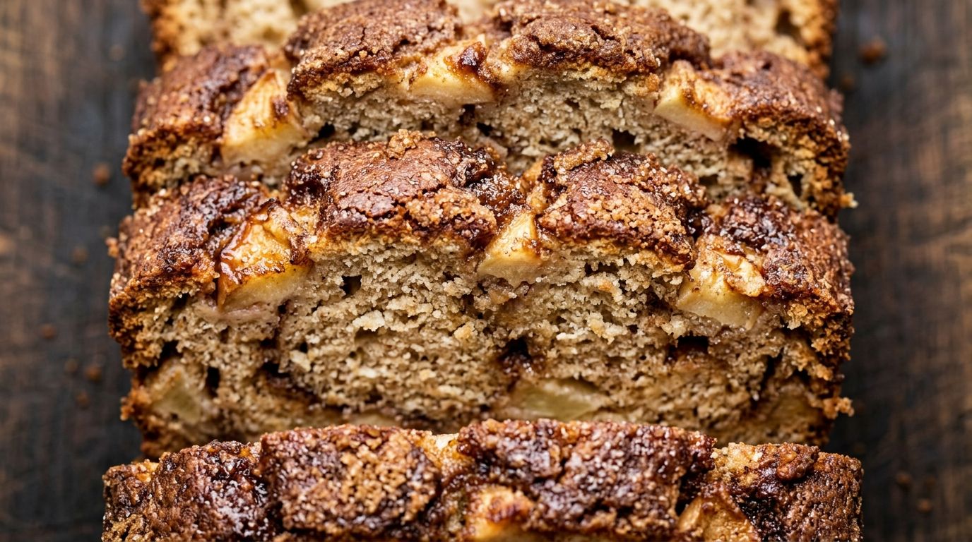 Overhead view of a sliced homemade apple bread loaf with golden cinnamon crust and visible apple chunks on a dark surface.