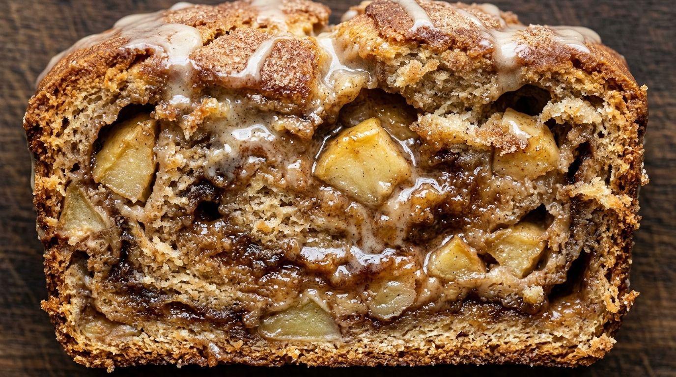 Overhead view of sliced apple fritter bread with glossy vanilla glaze drizzled over golden-brown crust and visible apple chunks and cinnamon swirl.