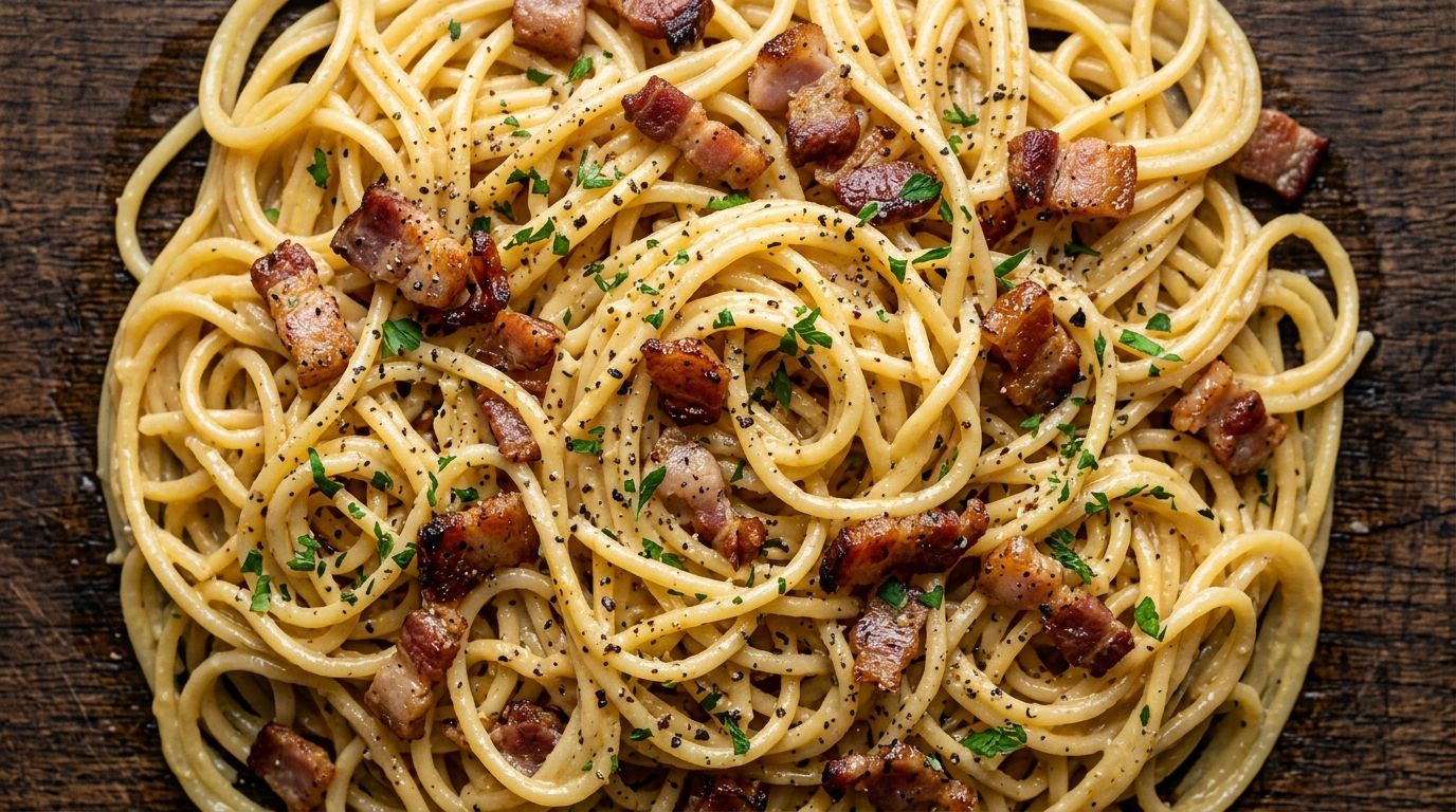 Overhead shot of glossy bacon carbonara spaghetti tossed with crispy bacon, Parmesan, and cracked black pepper.