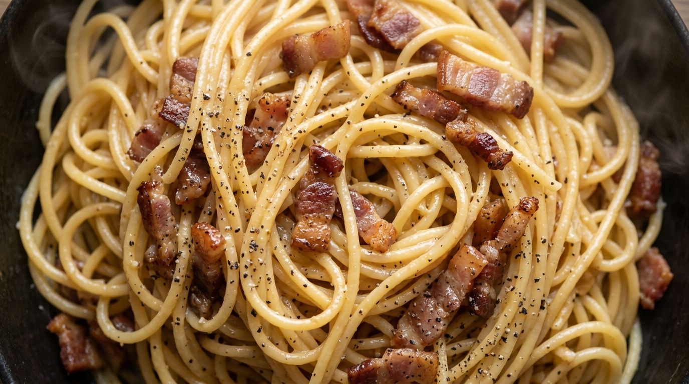 Overhead view of bacon carbonara pasta with glossy egg sauce clinging to spaghetti strands and crispy bacon pieces on top.