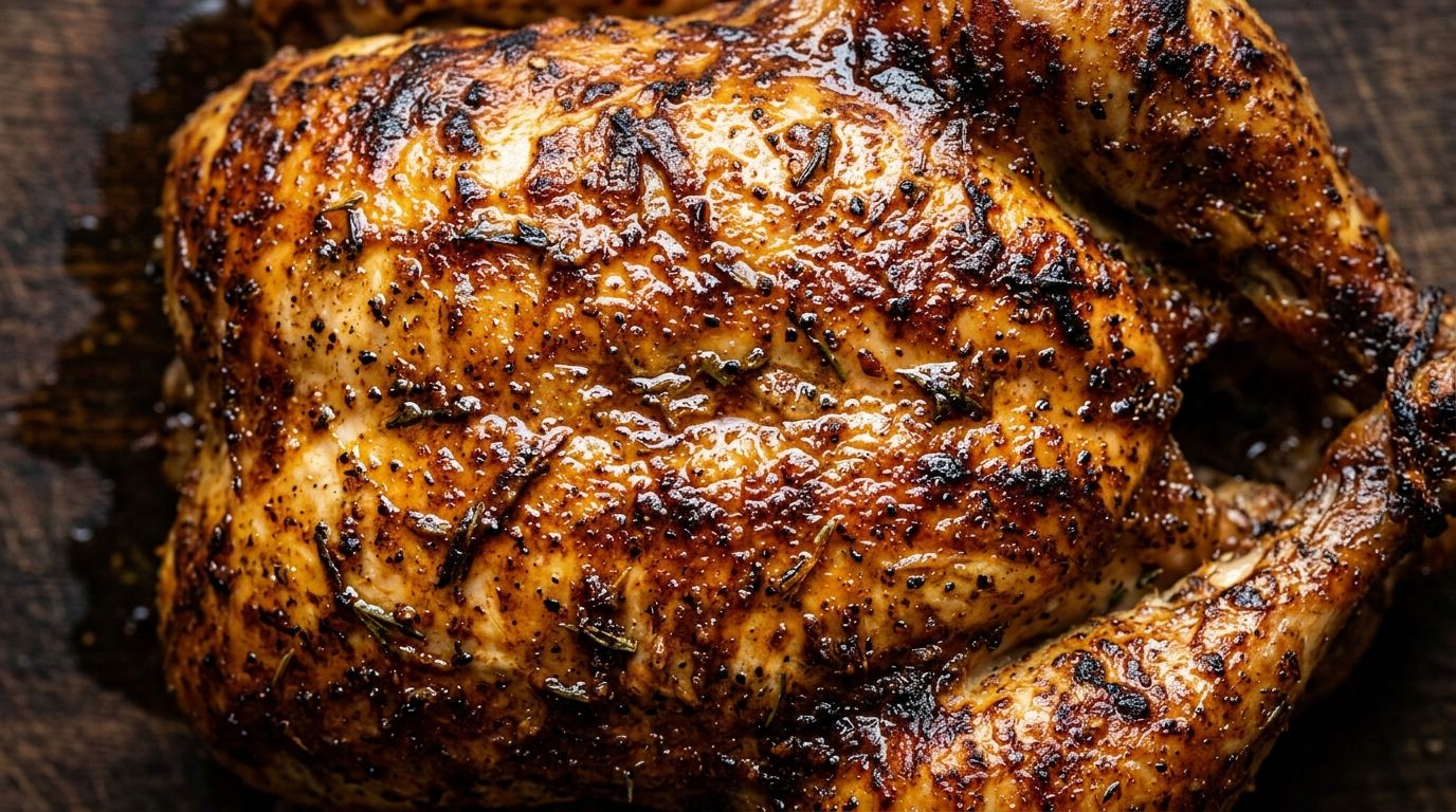 Overhead view of juicy baked chicken breast with a caramelized golden-brown spice crust sliced on a dark surface, showing tender interior.