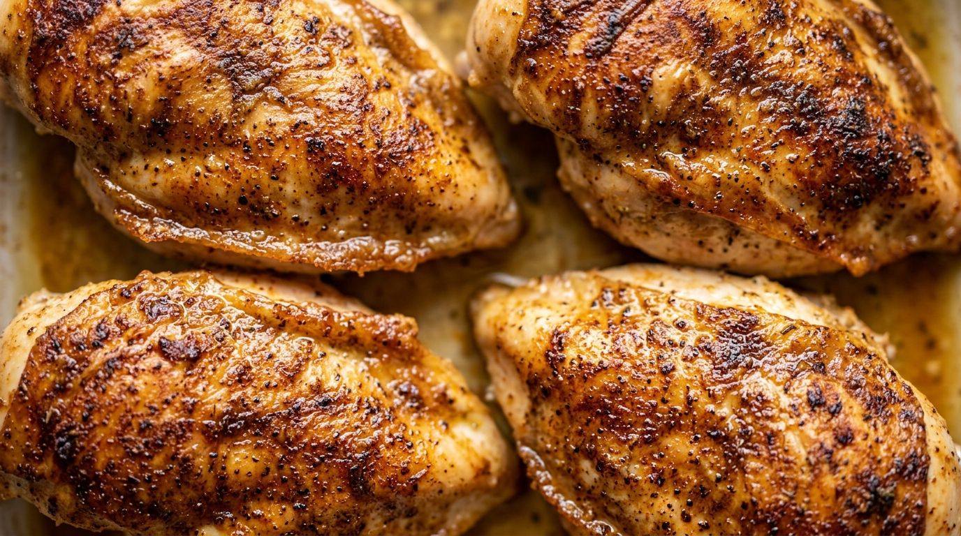 Overhead shot of four juicy baked chicken breasts with a caramelized golden spice crust on a wire rack, glistening from olive oil.