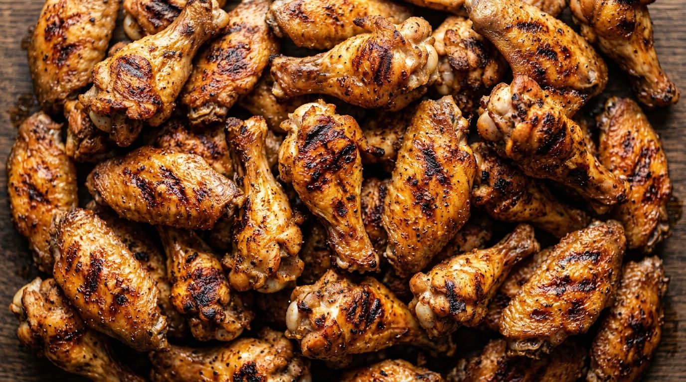 Overhead view of crispy golden baked chicken wings with blistered caramelized skin and dry-rub seasoning on a wire rack.