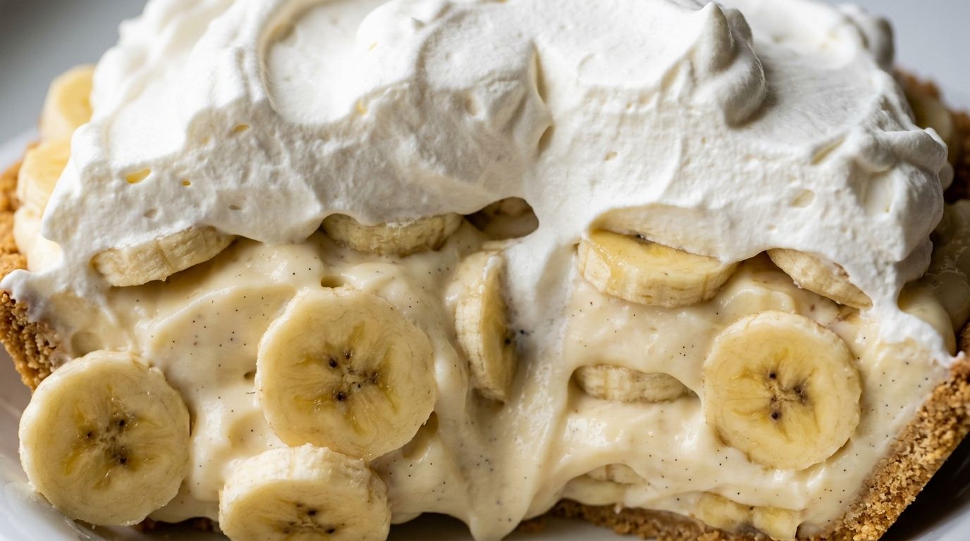 Overhead view of a sliced banana cream pie with thick vanilla custard, fresh banana slices, and whipped cream on a dark surface.