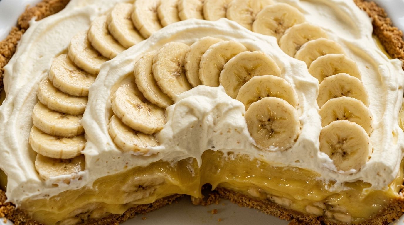 Overhead view of a banana pie with swirled whipped cream topping and thin banana slices fanned across the surface.