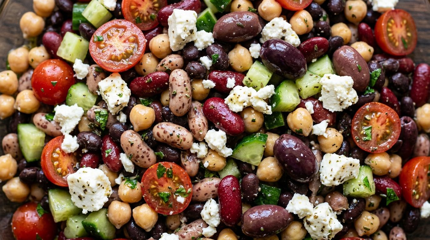 Overhead view of three-bean salad with chickpeas, kidney beans, black beans, cucumber, cherry tomatoes, olives, and feta in a large bowl