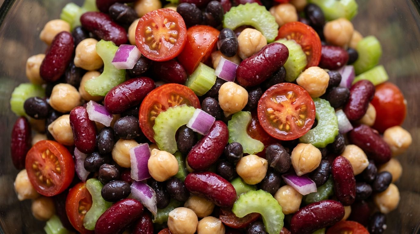Overhead view of a colorful three bean salad with chickpeas, kidney beans, black beans, cherry tomatoes, red onion, and celery in a dark bowl.