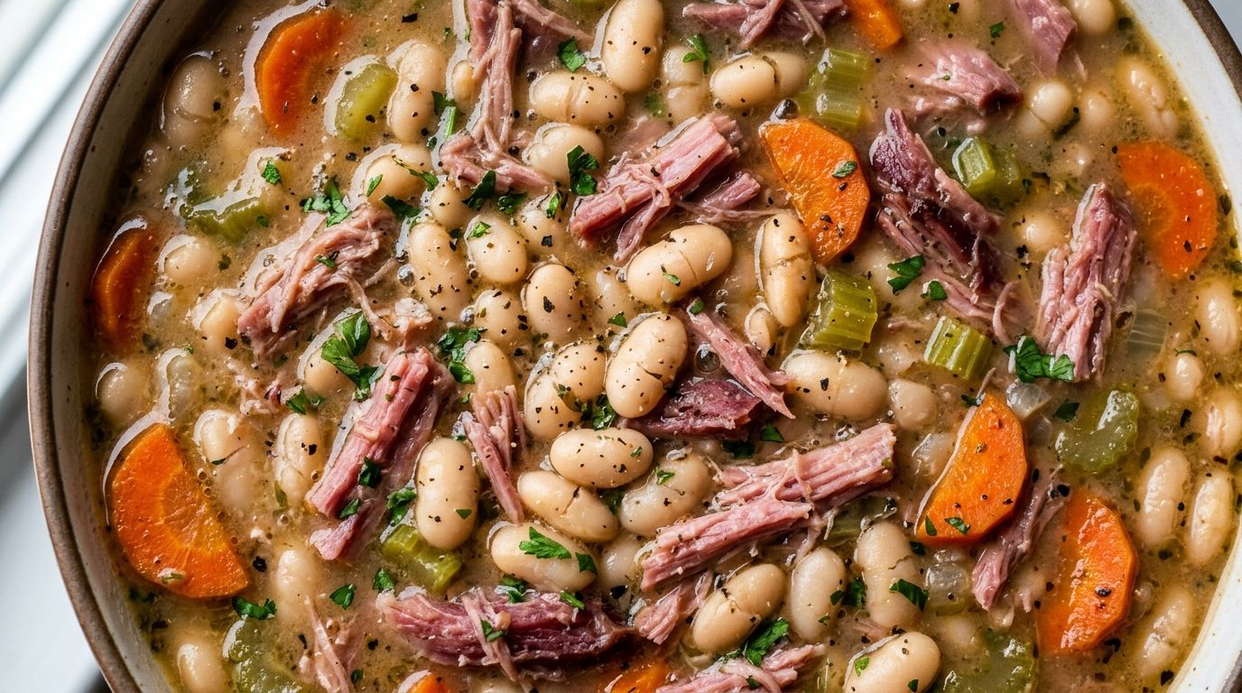 Overhead view of navy bean soup with shredded ham, sliced carrots, and celery in a thick creamy broth.
