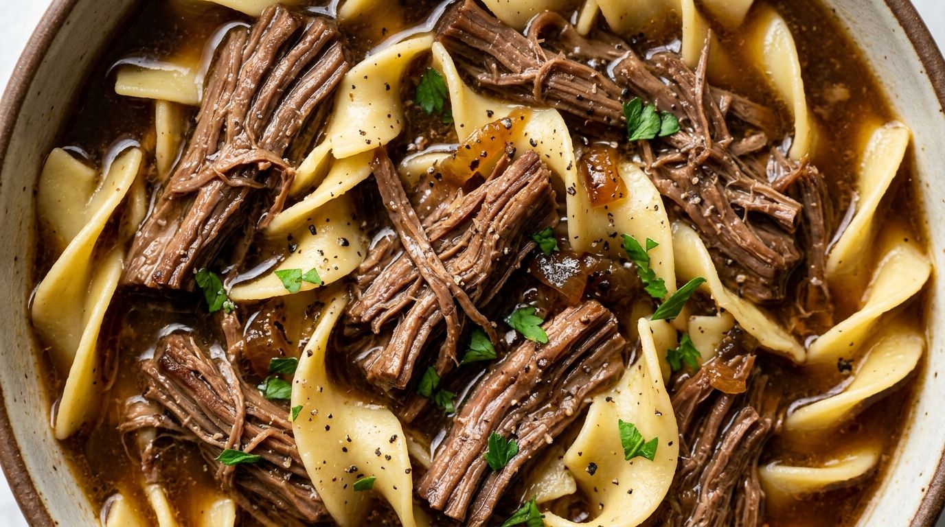 Overhead view of shredded beef and wide egg noodles in rich dark broth in a slow cooker bowl.