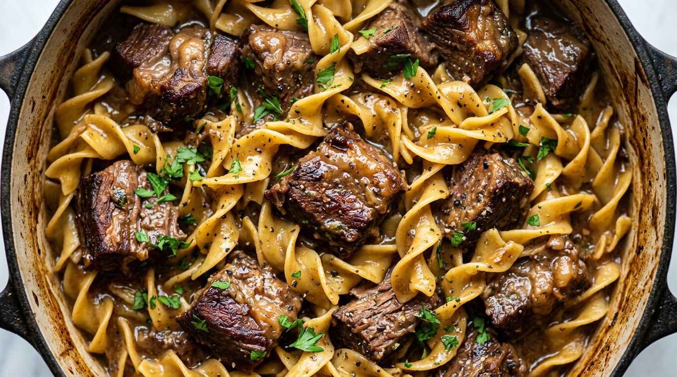 Overhead shot of beef and noodles in a Dutch oven, wide egg noodles coated in thick brown gravy with chunks of tender braised beef.