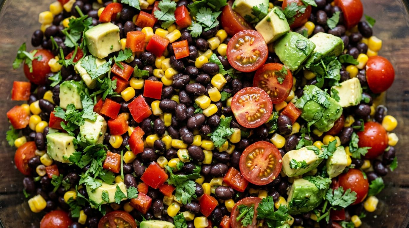 Overhead view of black bean salad with corn, red pepper, avocado, and lime vinaigrette in a white bowl