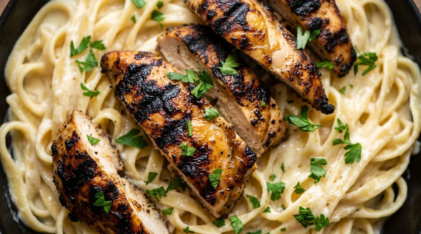 Overhead view of blackened chicken strips over creamy fettuccine alfredo in a dark skillet, garnished with fresh parsley.