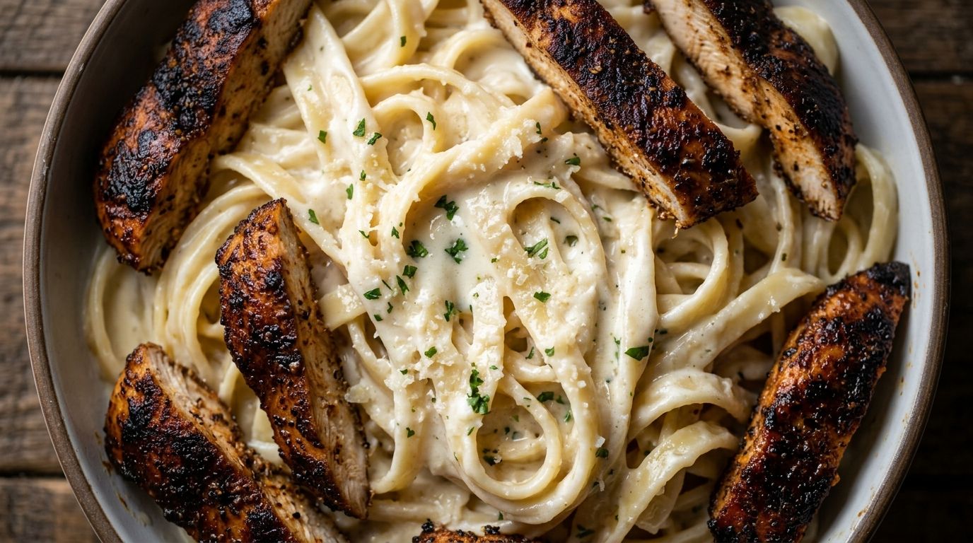Overhead macro of charred blackened chicken strips over creamy fettuccine Alfredo in a dark skillet, glossy Parmesan sauce coating every strand.
