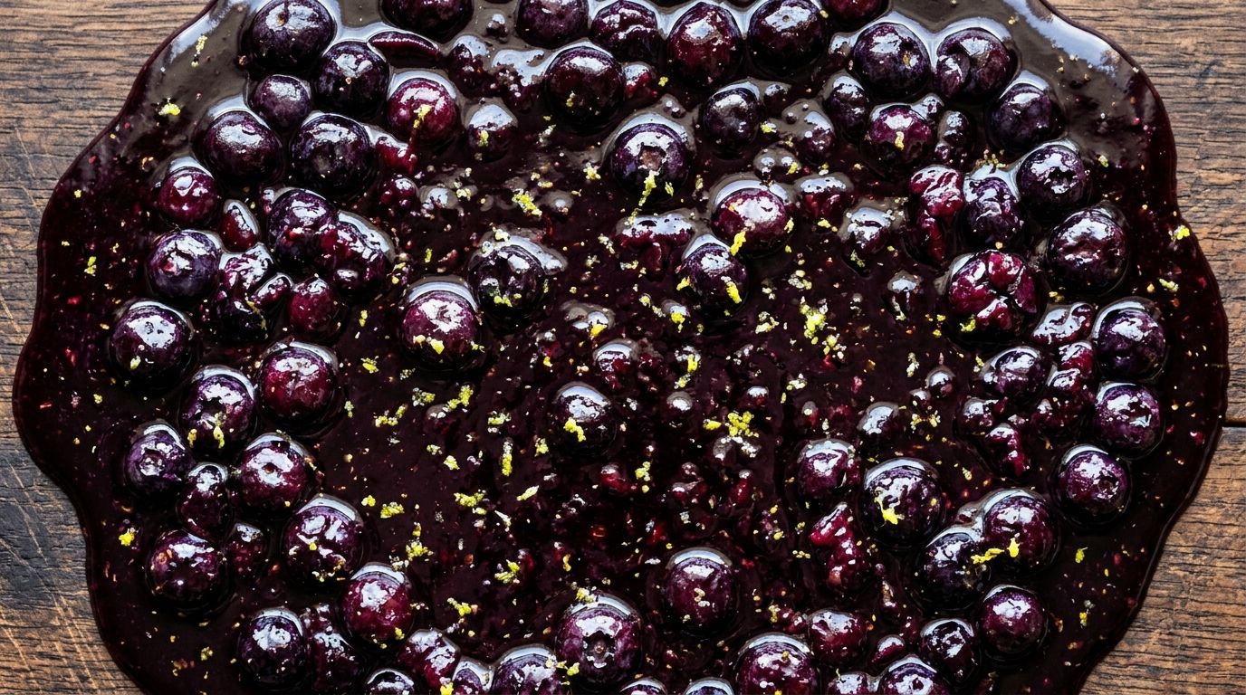 Overhead close-up of glossy deep-purple blueberry sauce with burst whole berries and lemon zest flecks in a small saucepan.