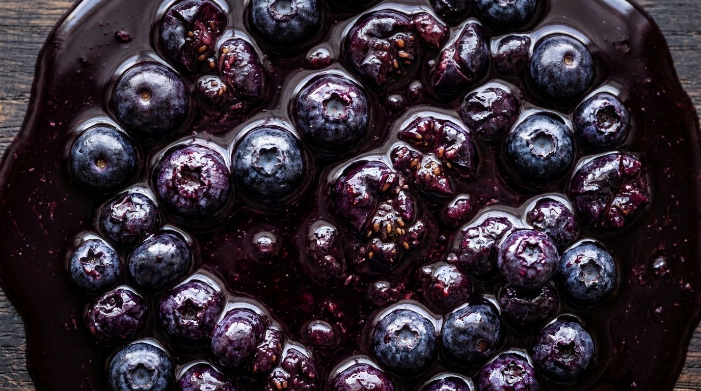 Overhead view of thick glossy blueberry syrup with whole burst berries in a small white pitcher on a dark wood surface.
