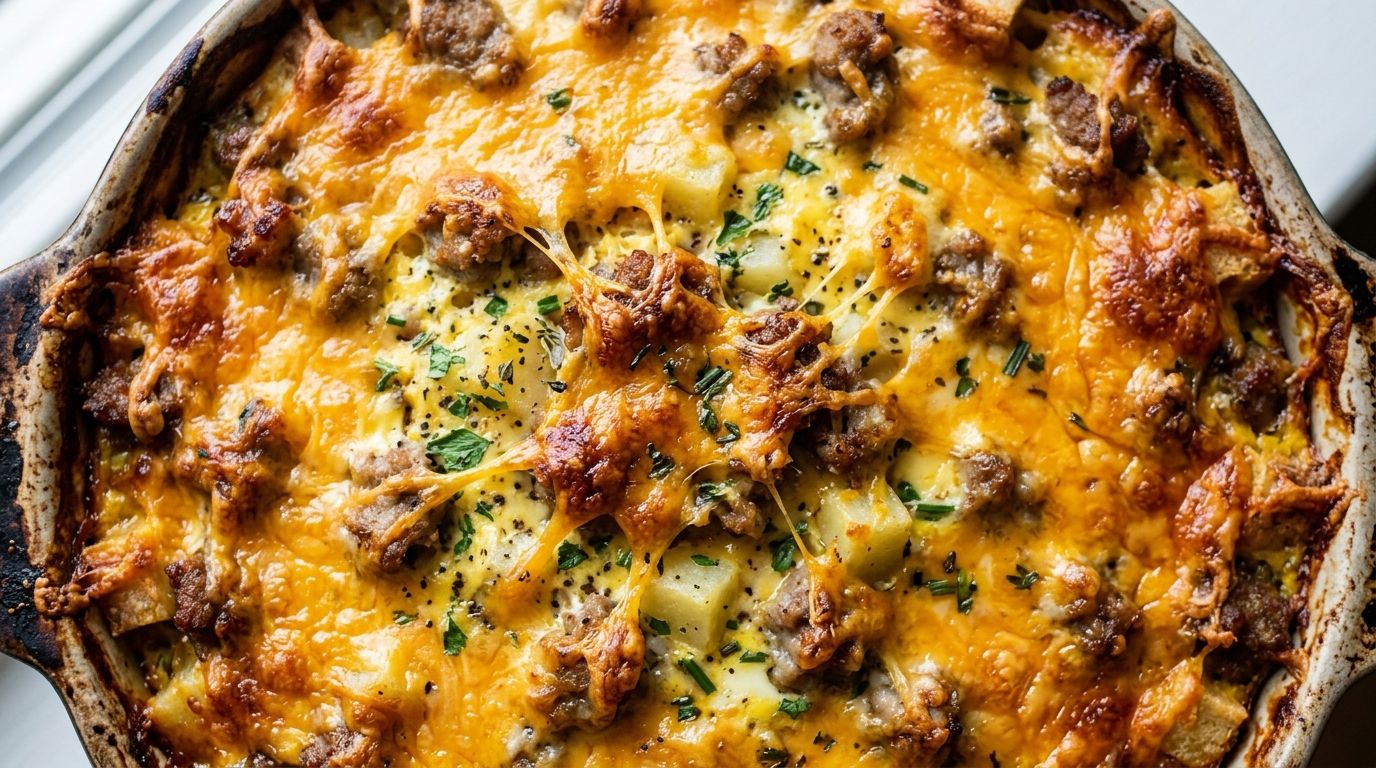 Easy breakfast casserole with golden cheddar, crumbled sausage, and egg custard in a white baking dish.