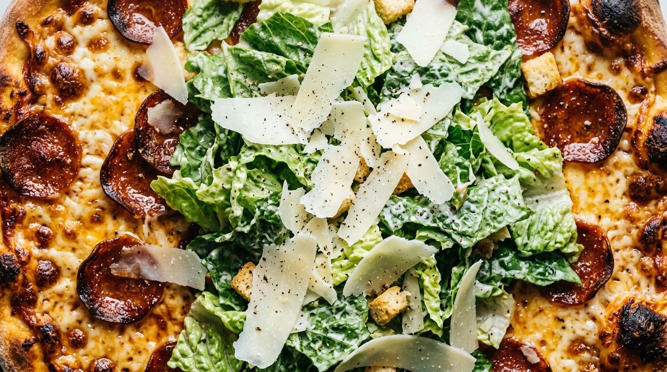 Overhead view of caesar salad pizza topped with romaine, shaved Parmesan, and pepperoni on a crispy mozzarella crust.