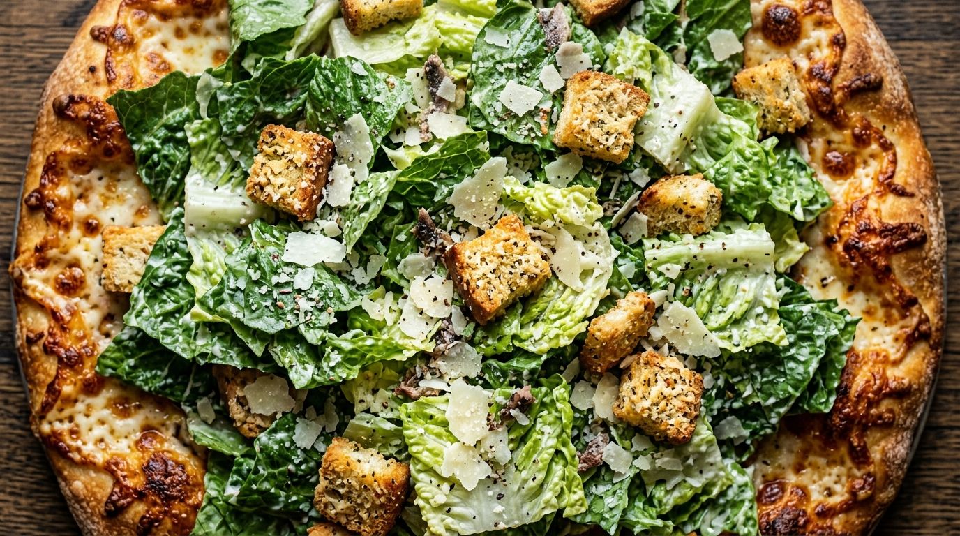 Overhead macro of caesar salad pizza with golden cheesy crust topped with cold romaine lettuce, croutons, and shaved Parmesan.