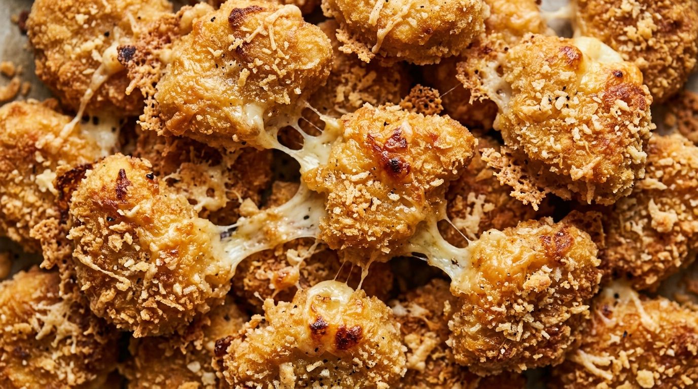 Overhead view of golden baked canned chicken nuggets with crispy Parmesan edges on a dark wooden surface.