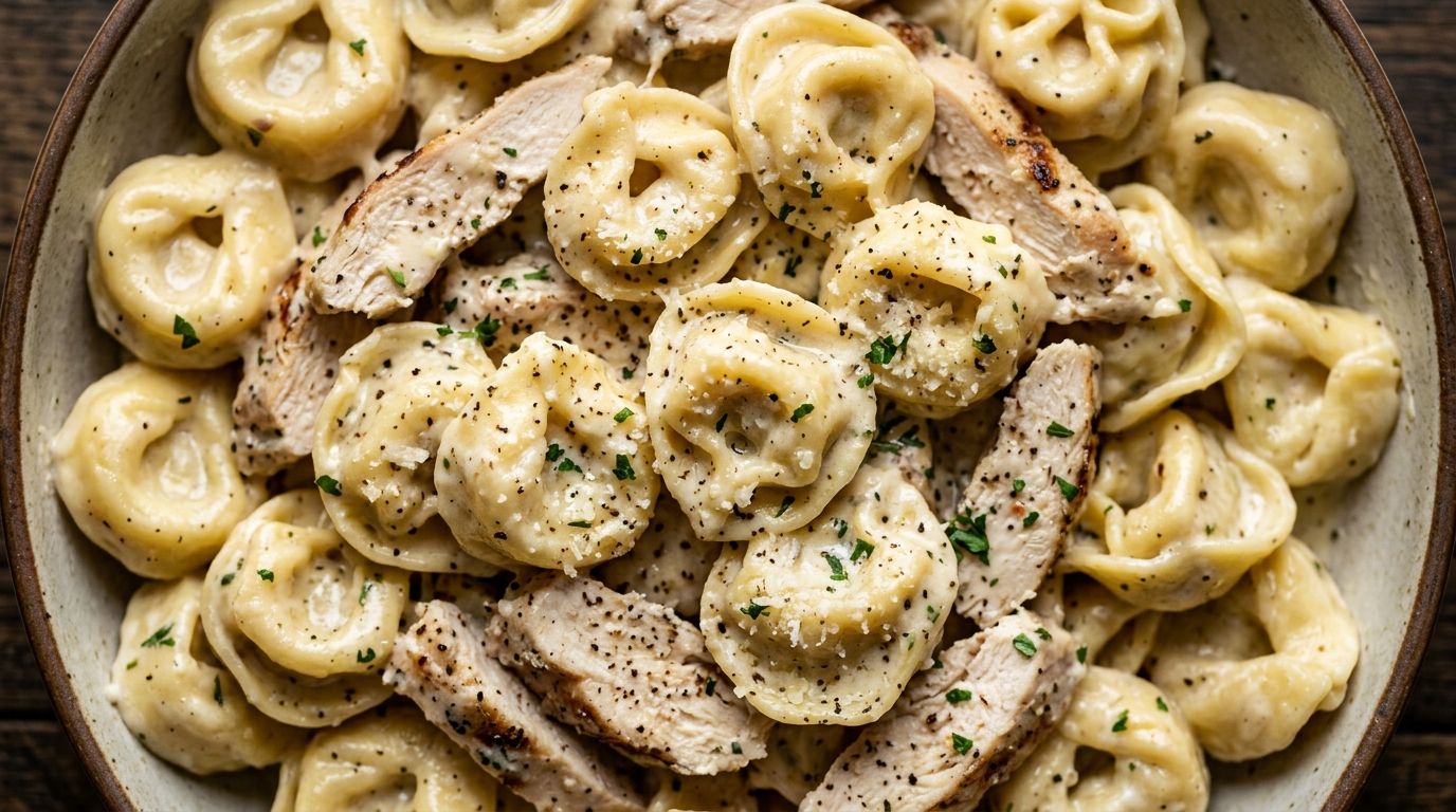 Overhead close-up of creamy chicken alfredo tortellini in a skillet with glossy sauce clinging to cheese-filled pasta and sliced chicken.
