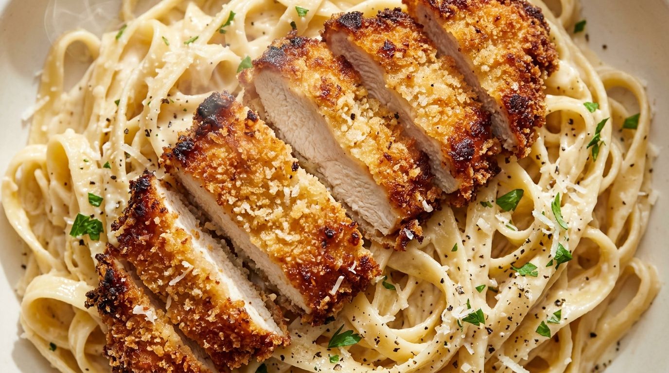 Overhead view of fettuccine coated in glossy Parmesan alfredo sauce topped with golden breaded chicken cutlet slices