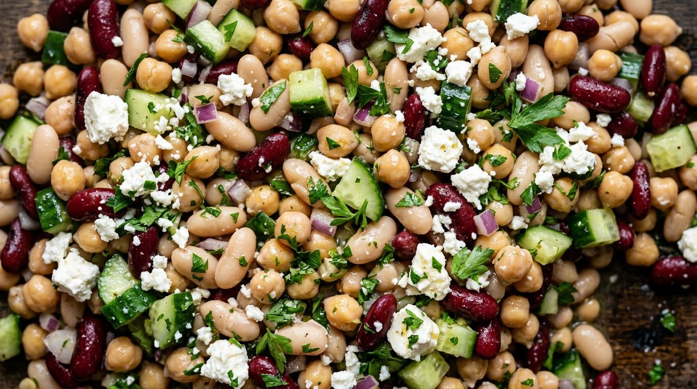 Overhead view of dense bean salad with chickpeas, kidney beans, cannellini beans, cucumber, red onion, olives, and feta in a large bowl