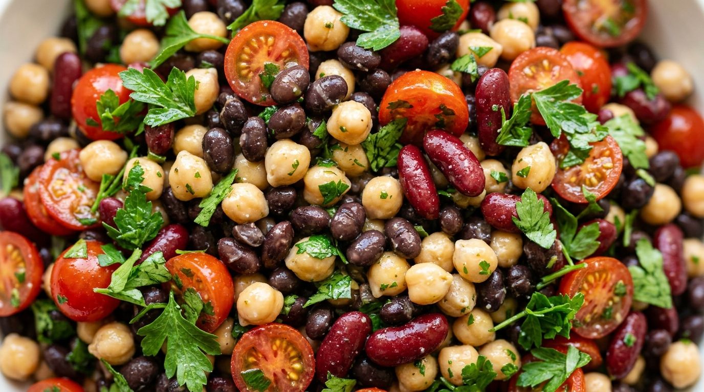 Overhead view of a dense bean salad with chickpeas, black beans, kidney beans, cherry tomatoes, cucumber, and fresh parsley tossed in lemon-herb dressing.