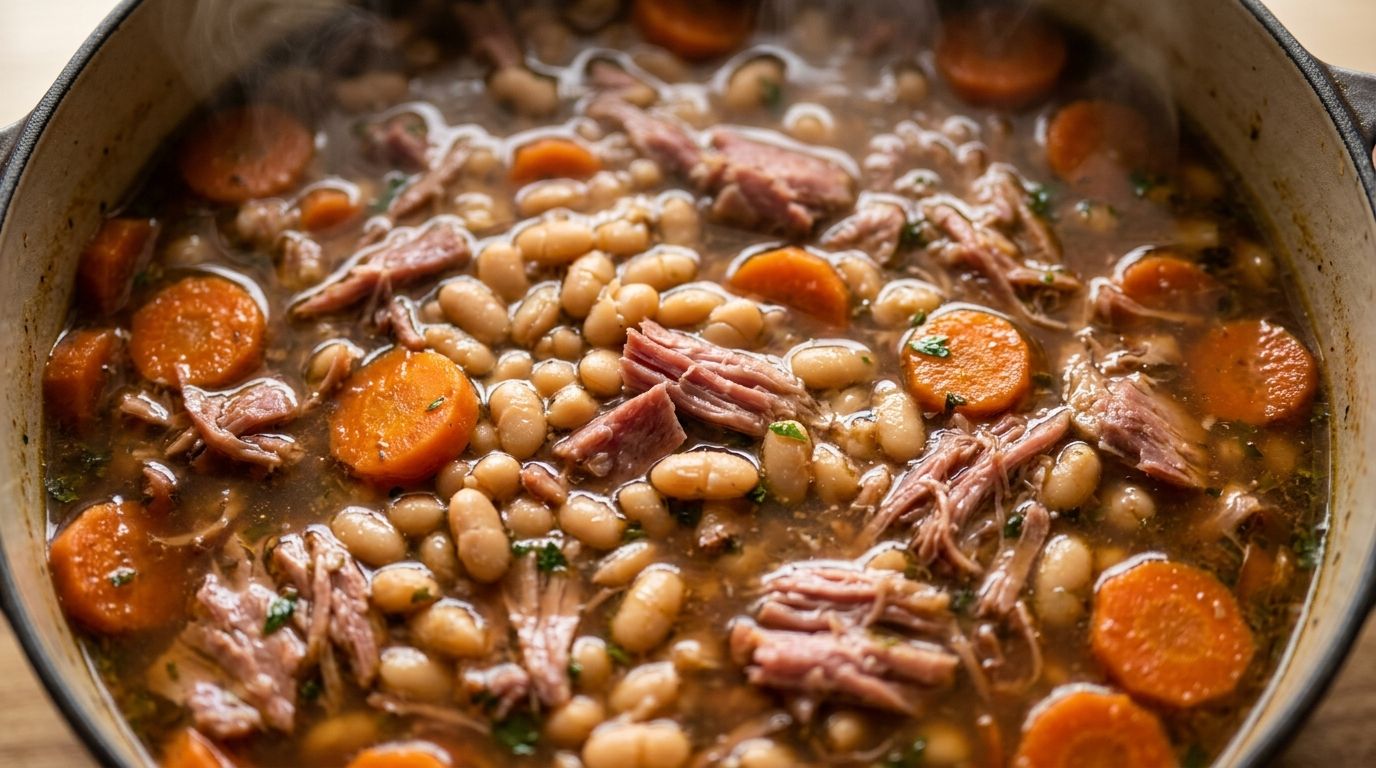 Overhead shot of ham and bean soup in a Dutch oven, navy beans and carrots in thick smoky broth with shredded ham throughout.