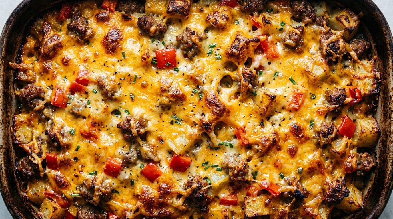 Overhead view of hashbrown breakfast casserole in a baking dish with golden cheese crust, sausage crumbles, and diced red peppers.