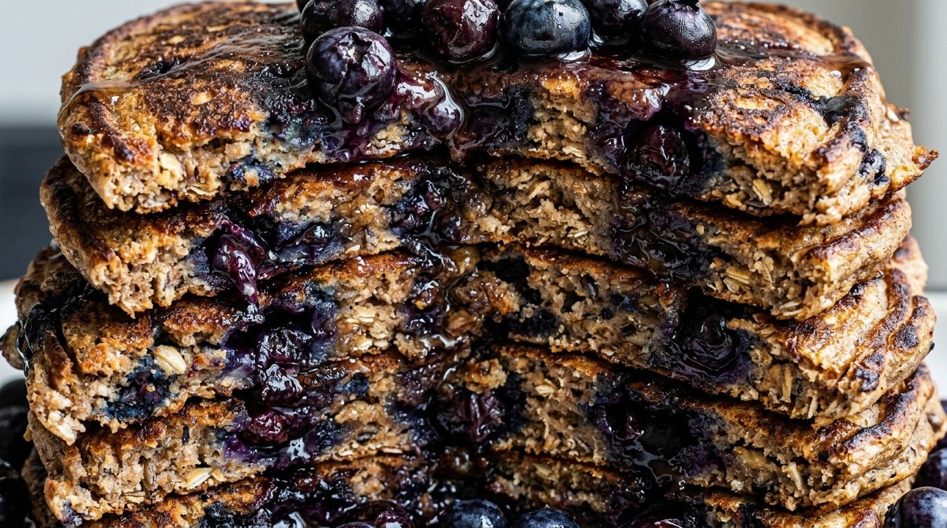 Overhead view of a stack of whole wheat blueberry pancakes with burst blueberries and a drizzle of maple syrup