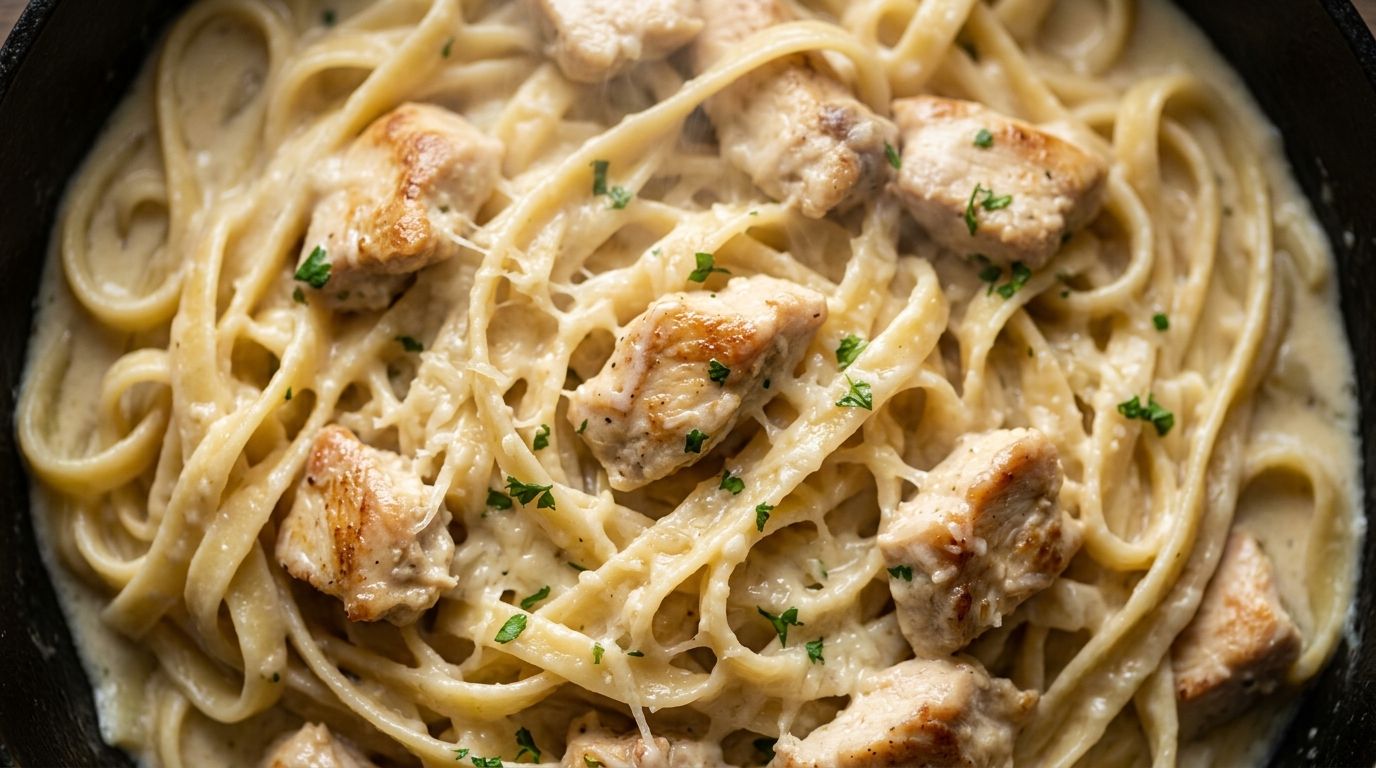 Overhead view of creamy instant pot chicken alfredo with fettuccine, seared chicken, and Parmesan in a white bowl.