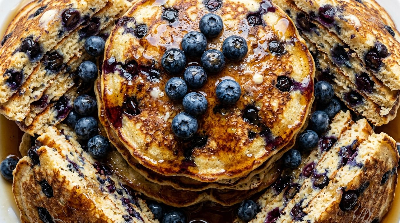 Overhead view of lemon blueberry pancakes stacked with fresh blueberries scattered around and maple syrup pooling on top