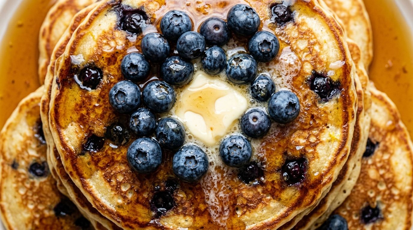 Overhead view of a stack of thick lemon blueberry pancakes with fresh blueberries, maple syrup, and a pat of melting butter.