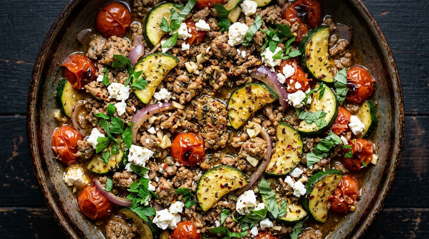 Overhead macro shot of Mediterranean ground beef stir fry with zucchini, burst cherry tomatoes, and crumbled feta in a dark skillet.