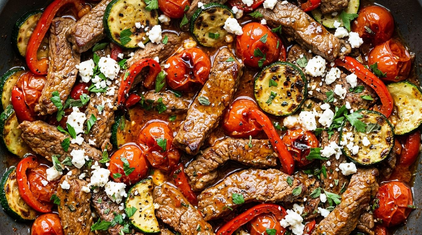 Overhead view of Mediterranean beef stir fry with blistered cherry tomatoes, zucchini, and crumbled feta on a dark surface.