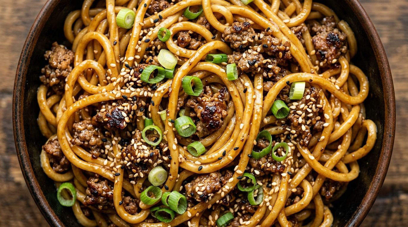 Overhead view of mongolian ground beef noodles with glossy soy-hoisin sauce, sesame seeds, and sliced green onions in a large dark skillet.