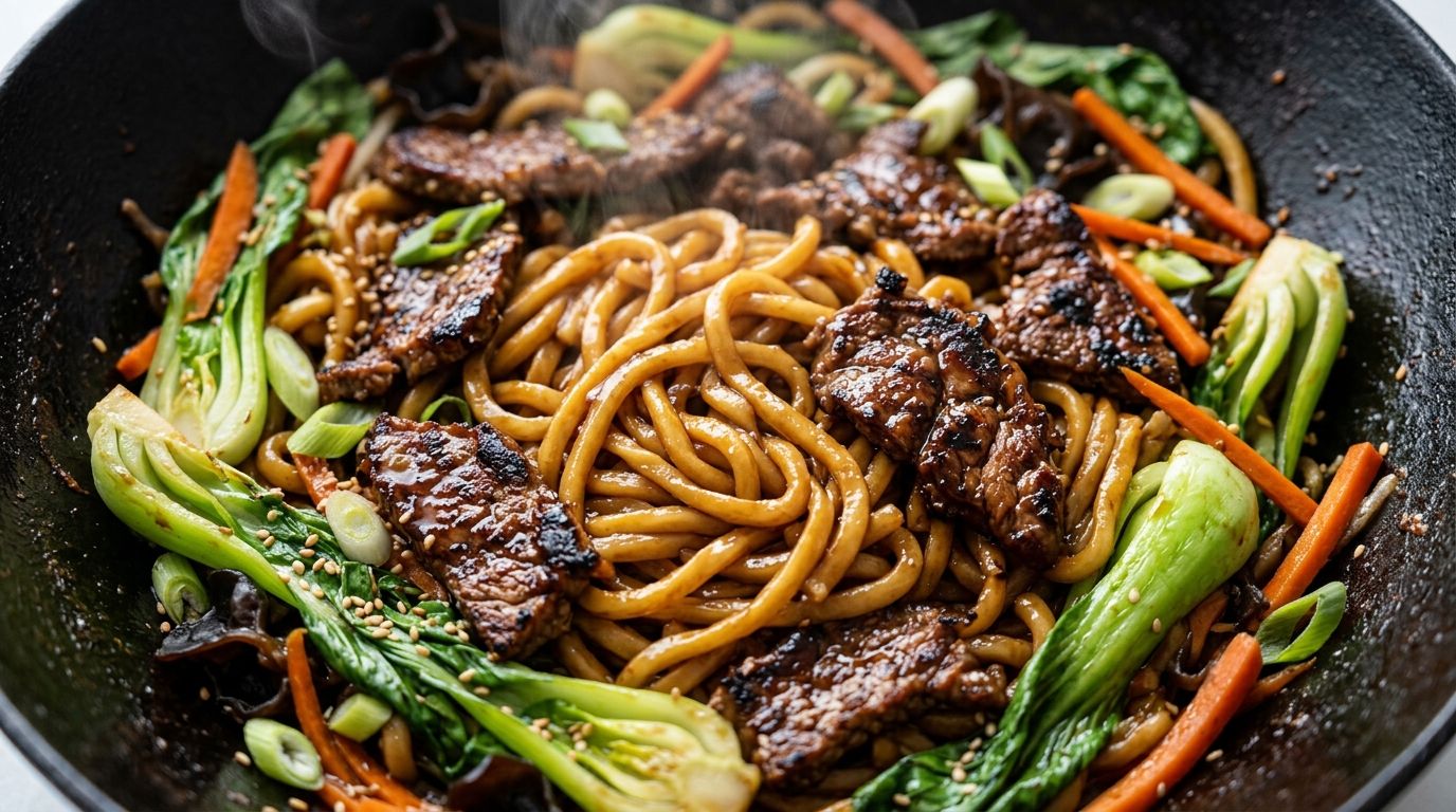 Overhead view of beef noodle stir fry with udon noodles, sliced sirloin, bok choy, and bell peppers in glossy brown sauce.